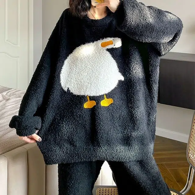 俏韵 半边绒加厚卡通长袖长裤家居服睡衣套装 女款 黑色