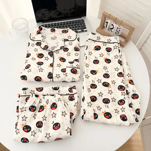 俏韵 翻领卡通夏季云朵棉舒适短袖三件套甜美薄款凉感家居服可外穿睡衣套装 女款