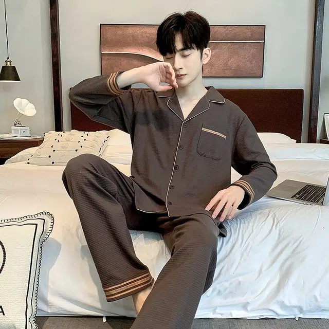 俏韵 翻领秋春季长袖长裤开衫休闲风简约薄款家居服可外穿睡衣套装 男款