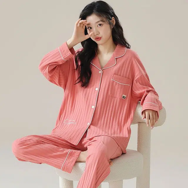 俏韵 翻领春秋季简约条纹长袖长裤开衫甜美可爱休闲舒适薄款家居服可外穿睡衣套装 女款