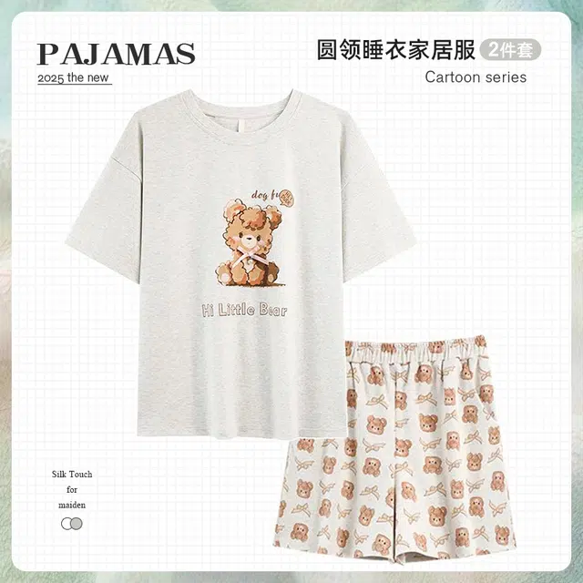 俏韵 卡通短袖圆领可爱套头带胸垫甜美家居服可外穿睡衣套装 女款