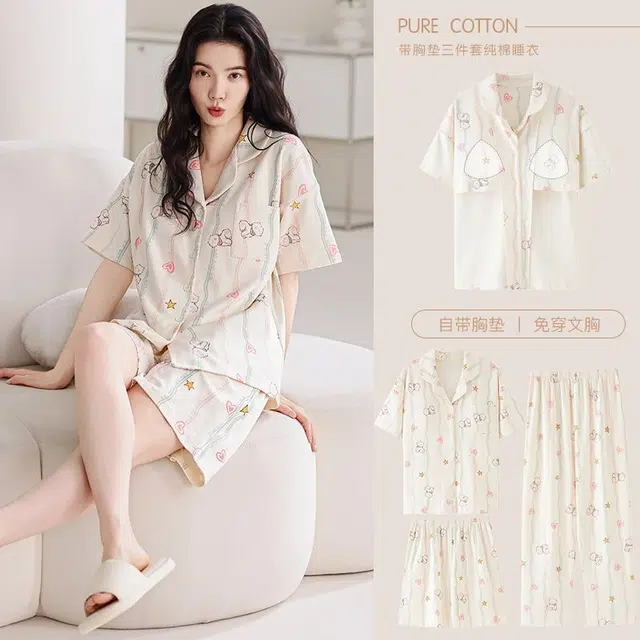 俏韵 翻领卡通猫咪夏季舒适可爱甜美带胸垫短袖三件套薄款家居服可外穿睡衣套装 女款