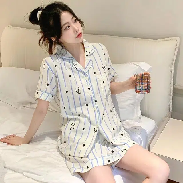 俏韵 夏季云朵棉甜美短袖短裤条纹小清新家居服可外穿睡衣套装 女款