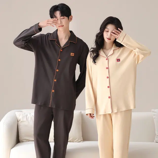 俏韵 翻领春秋季纯棉简约纯色长袖长裤甜美舒适休闲家居服可外穿睡衣套装 男女同款