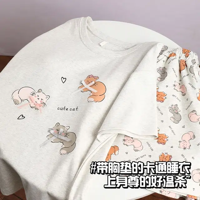 俏韵 甜美圆领卡通短袖可爱带胸垫家居服可外穿三分裤夏季睡衣套装 女款
