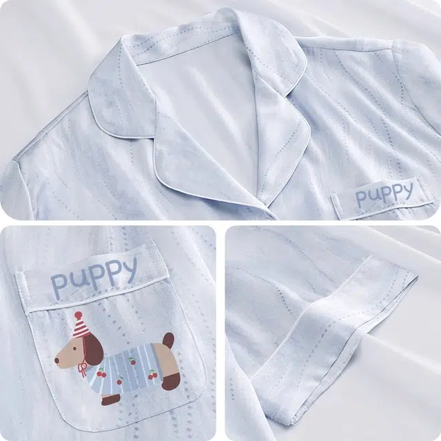 俏韵 翻领腊肠狗冰丝凉感薄款短袖家居服可外穿睡衣套装 女款