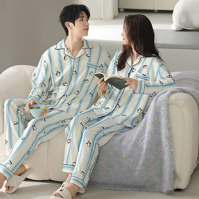 俏韵 翻领卡通条纹印花春秋季长袖长裤甜美可爱舒适家居服可外穿睡衣套装 男女同款