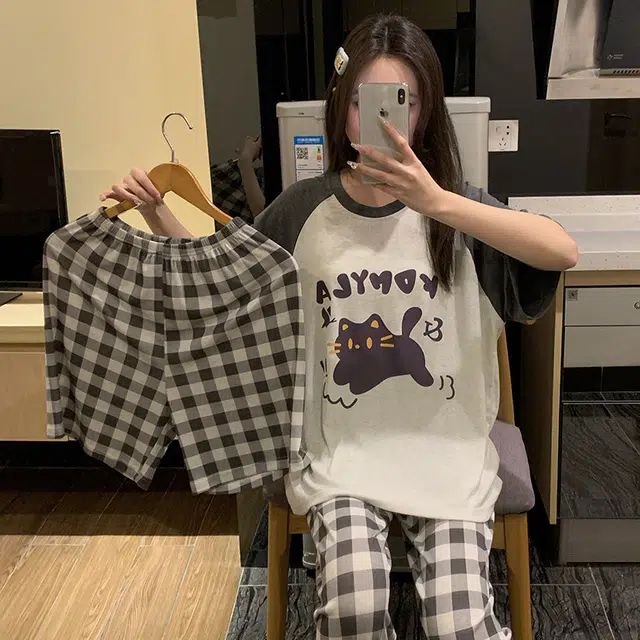 俏韵 圆领卡通小猫甜美短袖格子舒适家居服可外穿睡衣套装 女款
