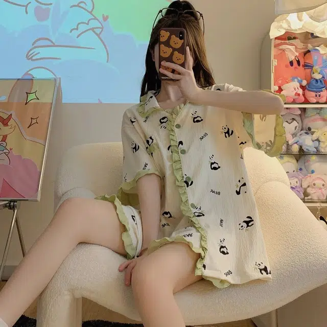 俏韵 翻领短袖可爱花边熊猫休闲居家服外穿睡衣套装 女款 白色