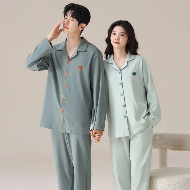 俏韵 翻领春秋季款纯棉简约长袖长裤甜美舒适休闲家居服可外穿睡衣套装 男女同款