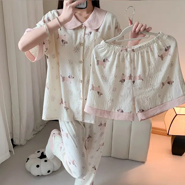 俏韵 翻领卡通腊肠狗短袖长裤三件套薄款舒适家居服可外穿睡衣套装 女款