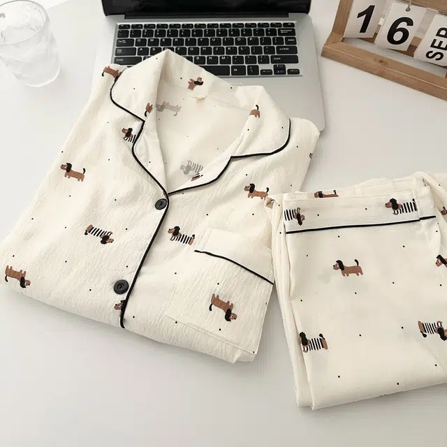 俏韵 翻领卡通腊肠狗春秋季云朵棉舒适长袖长裤甜美可爱薄款家居服可外穿睡衣套装 女款