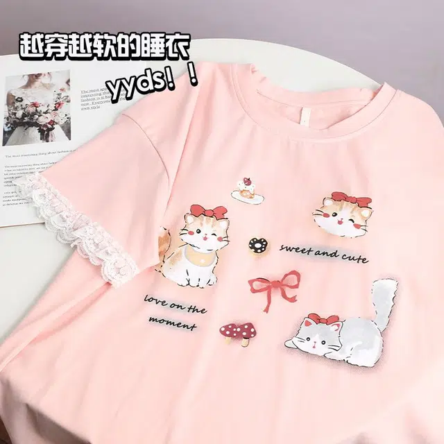 俏韵 圆领卡通短袖可爱带胸垫甜美家居服可外穿三分裤夏季睡衣套装 女款