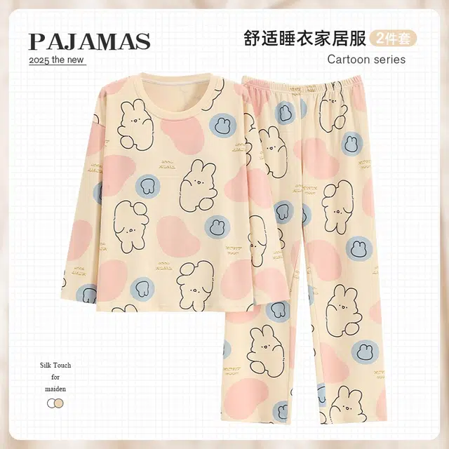 俏韵 圆领卡通春秋季款仿棉长袖甜美休闲家居服可外穿睡衣套装 女款