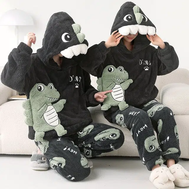 俏韵 连帽卡通恐龙冬季加绒保暖长袖长裤甜美印花可爱舒适家居服可外穿睡衣套装 男女同款