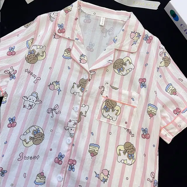 俏韵 翻领卡通条纹夏季云朵棉甜美短袖短裤舒适薄款家居服可外穿睡衣套装 女款