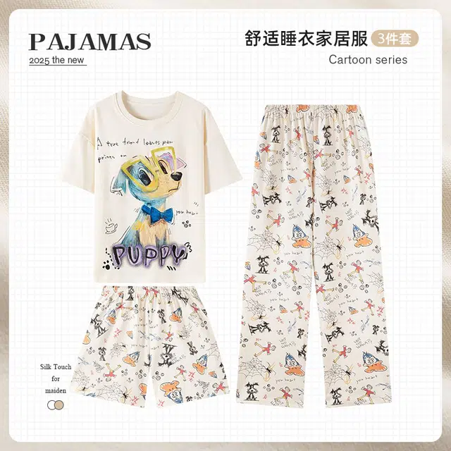 俏韵 圆领卡通夏季天带胸垫可爱短袖三件套甜美薄款舒适家居服可外穿睡衣套装 女款