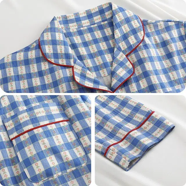 俏韵 小清新格子休闲时尚长袖长裤家居服睡衣套装 女款 蓝色