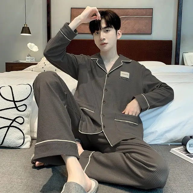 俏韵 翻领秋春季长袖开衫休闲简约薄款家居服可外穿睡衣套装 男款