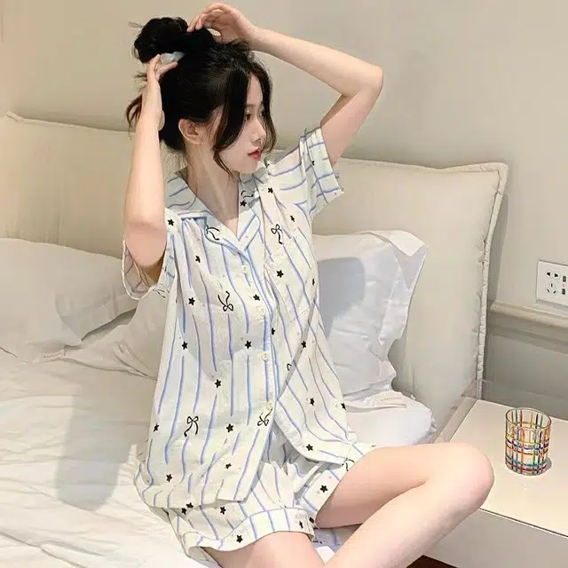 俏韵 夏季云朵棉甜美短袖短裤条纹小清新家居服可外穿睡衣套装 女款