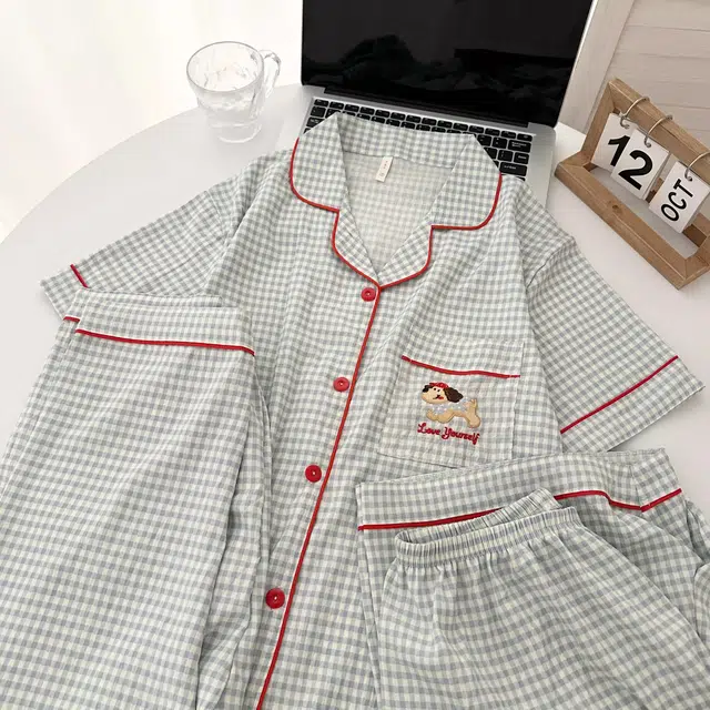 俏韵 翻领腊肠狗可爱甜美短袖长裤三件套薄款家居服可外穿夏季睡衣套装 男女同款