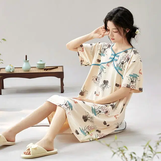 俏韵 圆领夏季款国风短袖简约甜美风中长款家居服可外穿睡裙 女款