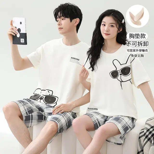 俏韵 简约格子短袖舒适休闲家居服睡衣套装 男女同款