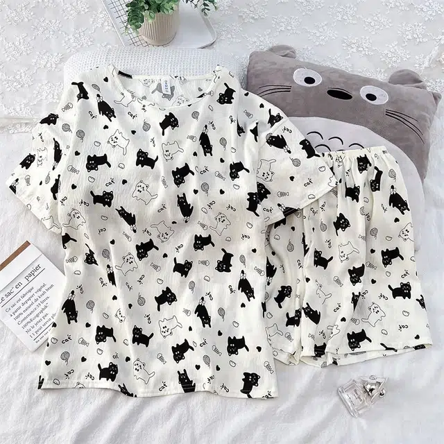 俏韵 圆领卡通猫咪夏季云朵棉甜美可爱短袖短裤舒适薄款家居服可外穿睡衣套装 女款