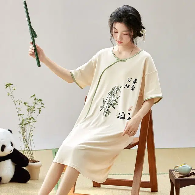 俏韵 圆领夏季熊猫短袖简约甜美国风中长款家居服可外穿睡裙 女款
