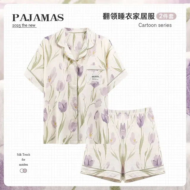 俏韵 翻领舒适甜美短袖三分裤薄款家居服可外穿夏季睡衣套装 女款