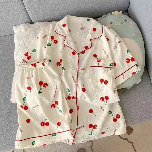 俏韵 翻领夏季云朵棉开衫短袖短裤甜美可爱家居服可外穿睡衣套装 女款