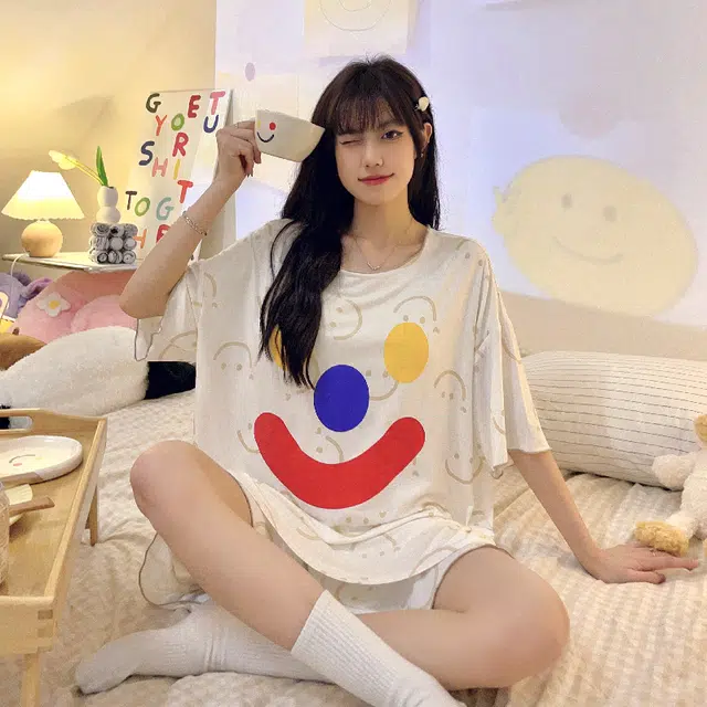 俏韵 可外穿卡通笑脸带胸垫短袖家居服短裤睡衣套装 女款