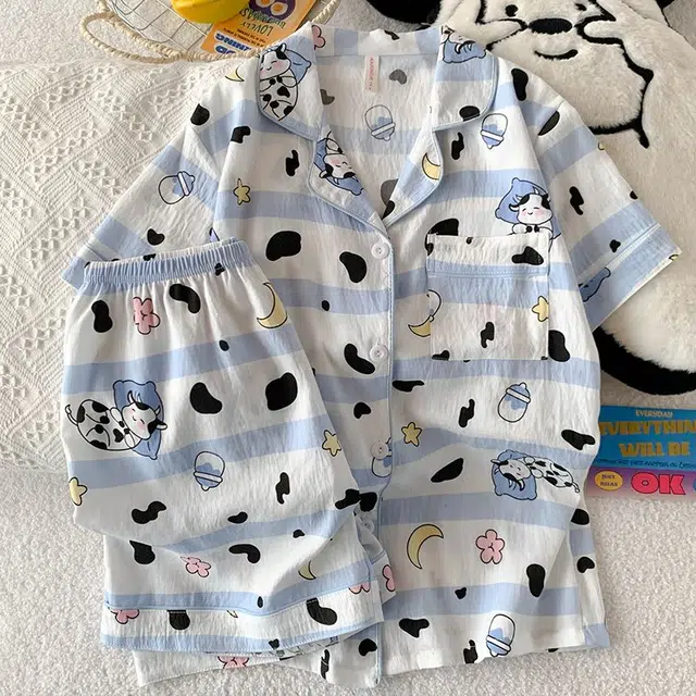 俏韵 翻领卡通夏季云朵棉可爱甜美短袖短裤薄款舒适家居服可外穿睡衣套装 女款