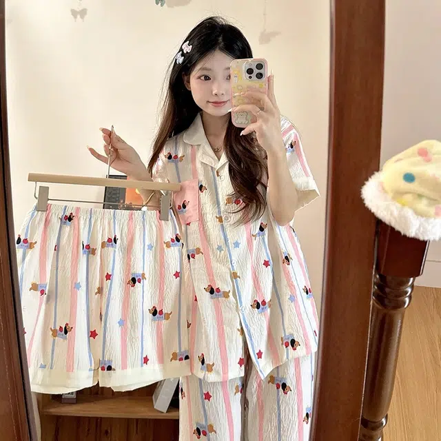 俏韵 翻领卡通凉感薄款短袖舒适家居服可外穿睡衣套装 女款