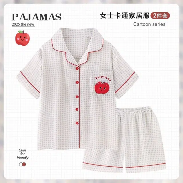 俏韵 翻领卡通舒适短袖短裤甜美家居服可外穿睡衣套装 女款