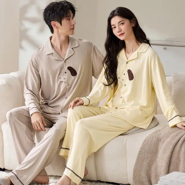 俏韵 翻领春秋季简约长袖长裤甜美舒适休闲家居服可外穿睡衣套装 男女同款