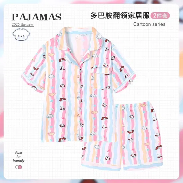 俏韵 翻领甜美高级感短袖上衣卡通家居服可外穿三分裤睡衣套装 女款