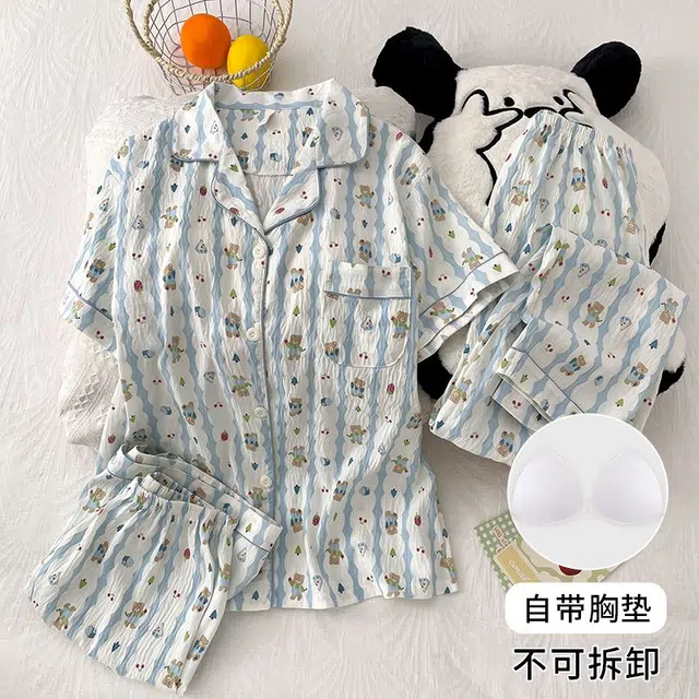 俏韵 翻领卡通夏季款云朵棉带胸垫甜美短袖三件套休闲舒适薄款家居服可外穿睡衣套装 女款