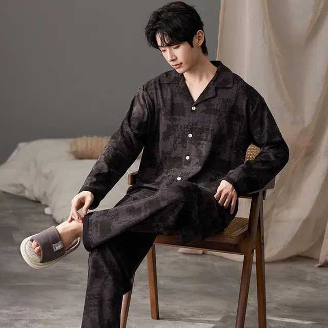 俏韵 翻领春秋季开衫印花长袖休闲简约宽松舒适薄款家居服可外穿睡衣套装 男款