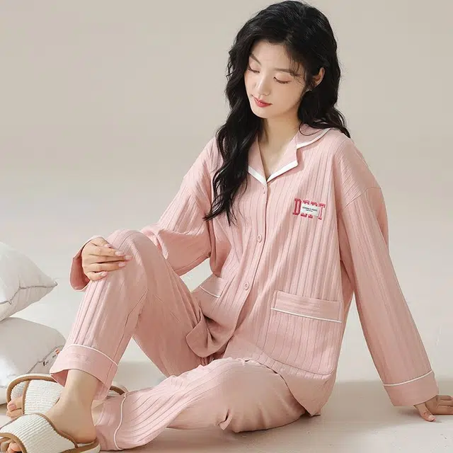 俏韵 翻领春秋季简约风长袖开衫甜美可爱休闲舒适薄款家居服可外穿睡衣套装 女款