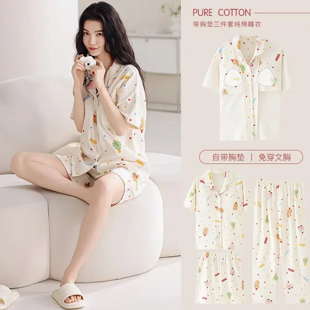 俏韵 翻领卡通夏季舒适甜美带胸垫短袖三件套薄款家居服可外穿睡衣套装 女款