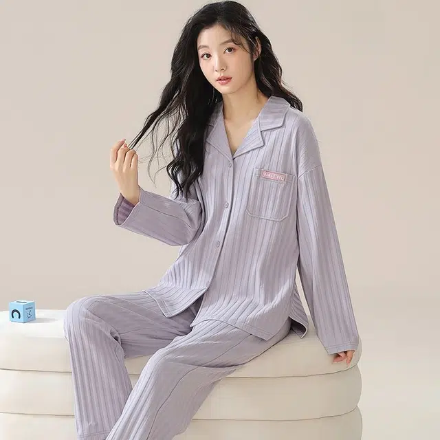 俏韵 翻领春秋季款简约条纹长袖开衫甜美可爱休闲舒适薄款家居服可外穿睡衣套装 女款