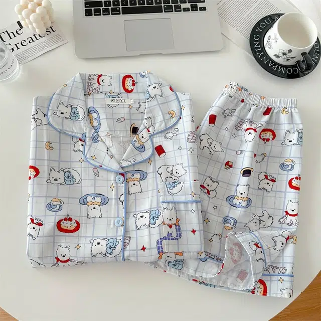 俏韵 翻领卡通夏季冰丝甜美短袖可爱薄款家居服可外穿睡衣套装 女款