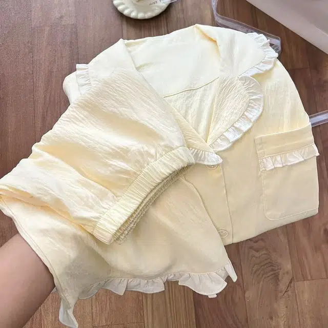 俏韵 翻领夏季云朵棉纯色短袖甜美花边可爱舒适休闲薄款家居服可外穿睡衣套装 女款