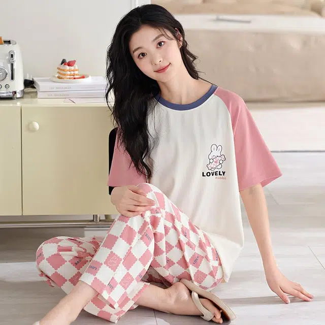 俏韵 圆领卡通夏季舒适纯棉短袖长裤带胸垫甜美薄款凉感家居服可外穿睡衣套装 女款