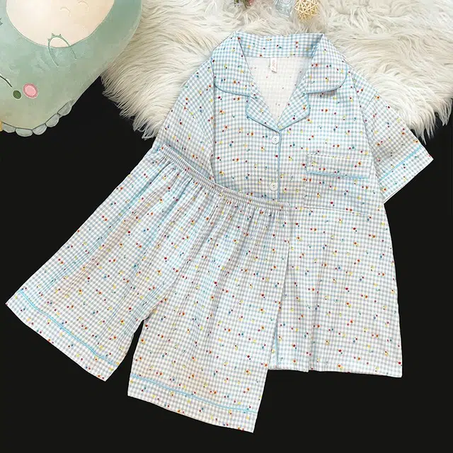 俏韵 翻领夏季云朵棉短袖短裤开衫甜美可爱家居服可外穿睡衣套装 女款