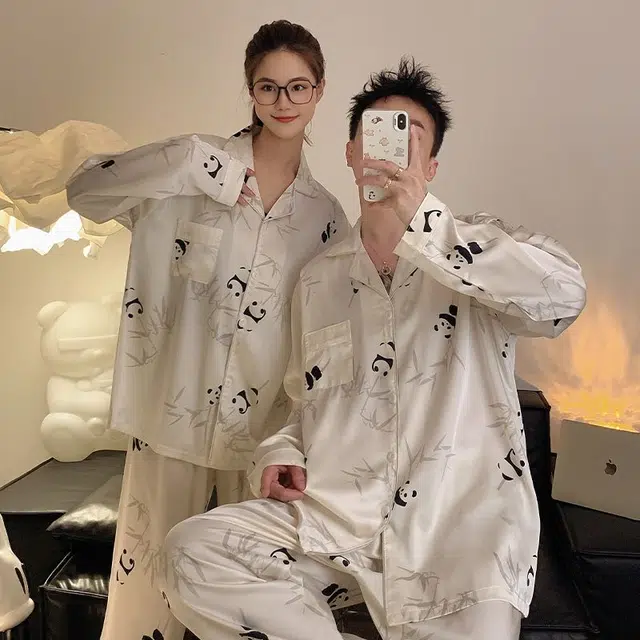 俏韵 冰丝长袖长裤可外穿睡衣套装 男女同款