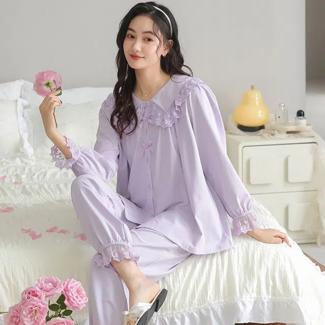 俏韵 翻领春秋季简约纯色长袖长裤甜美可爱休闲舒适薄款家居服可外穿睡衣套装 女款