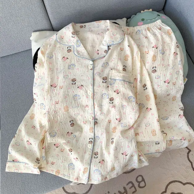 俏韵 翻领卡通春秋季云朵棉长袖长裤甜美印花可爱薄款家居服可外穿睡衣套装 女款