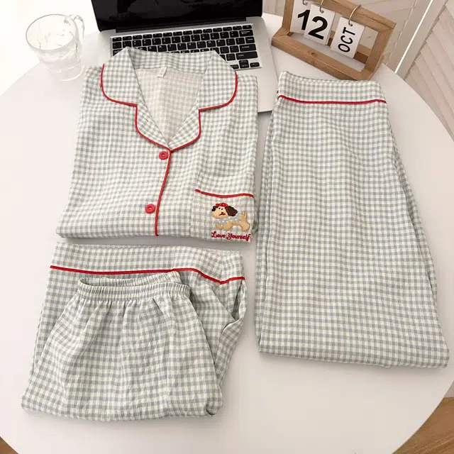 俏韵 翻领腊肠狗可爱甜美短袖长裤三件套薄款家居服可外穿夏季睡衣套装 男女同款